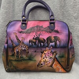 Anna By Anuschka Hand-Painted Leather Wide Organizer Satchel w/ Serengeti Sunset